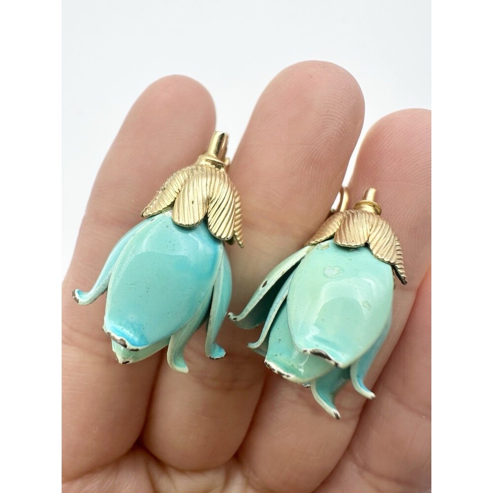 Vintage Turquoise Enamel Tulip Clip On Earrings Gold Tone